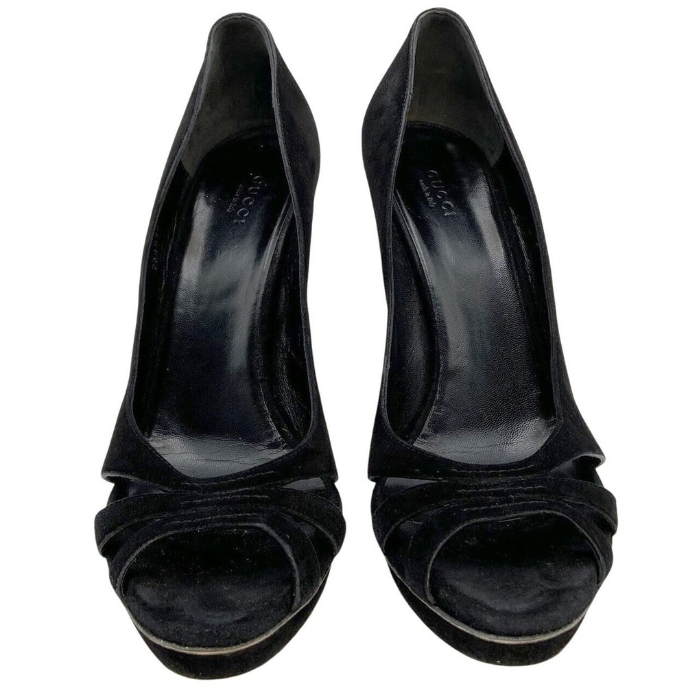 Gucci Black Suede Heels Peep Toe Women EU 40 Formal Stiletto Pumps - Picture 7 of 14